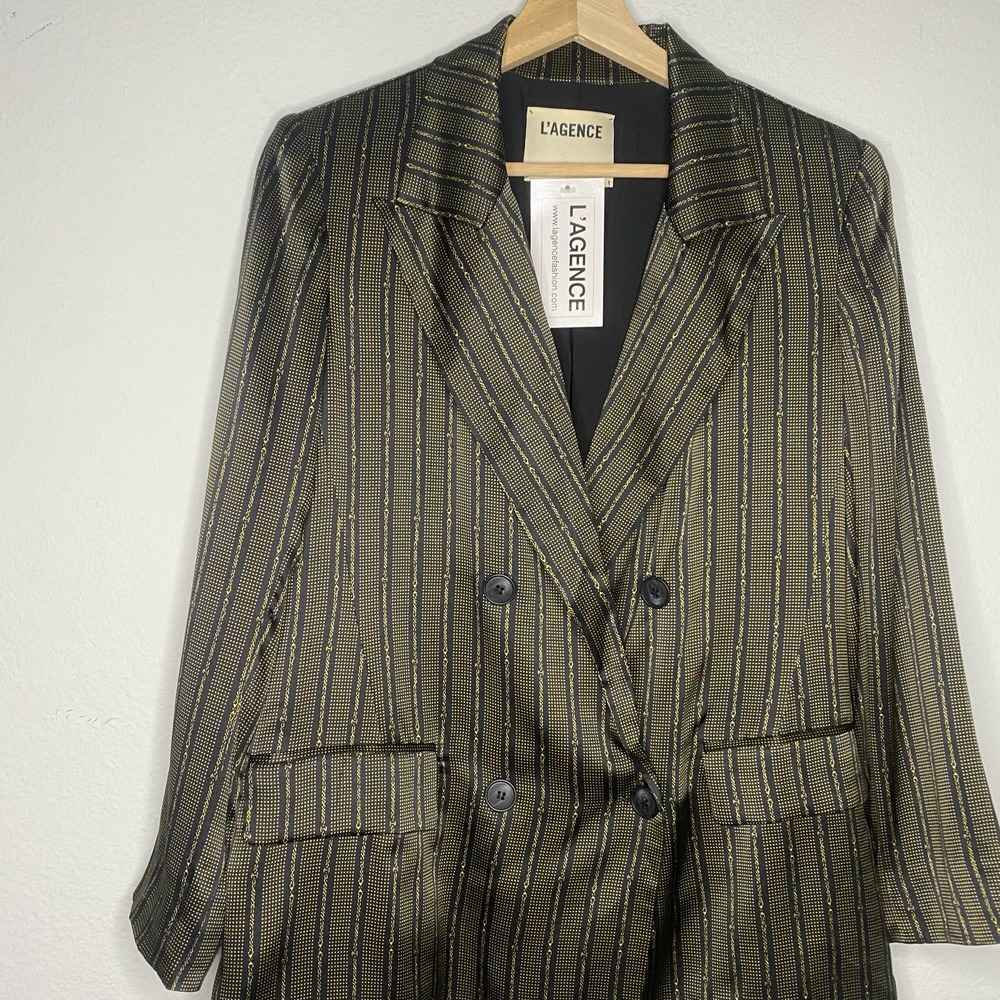 L’AGENCE 100% Silk Navy Gold Stripe Chain Print Blazer NWT - Picture 3 of 6